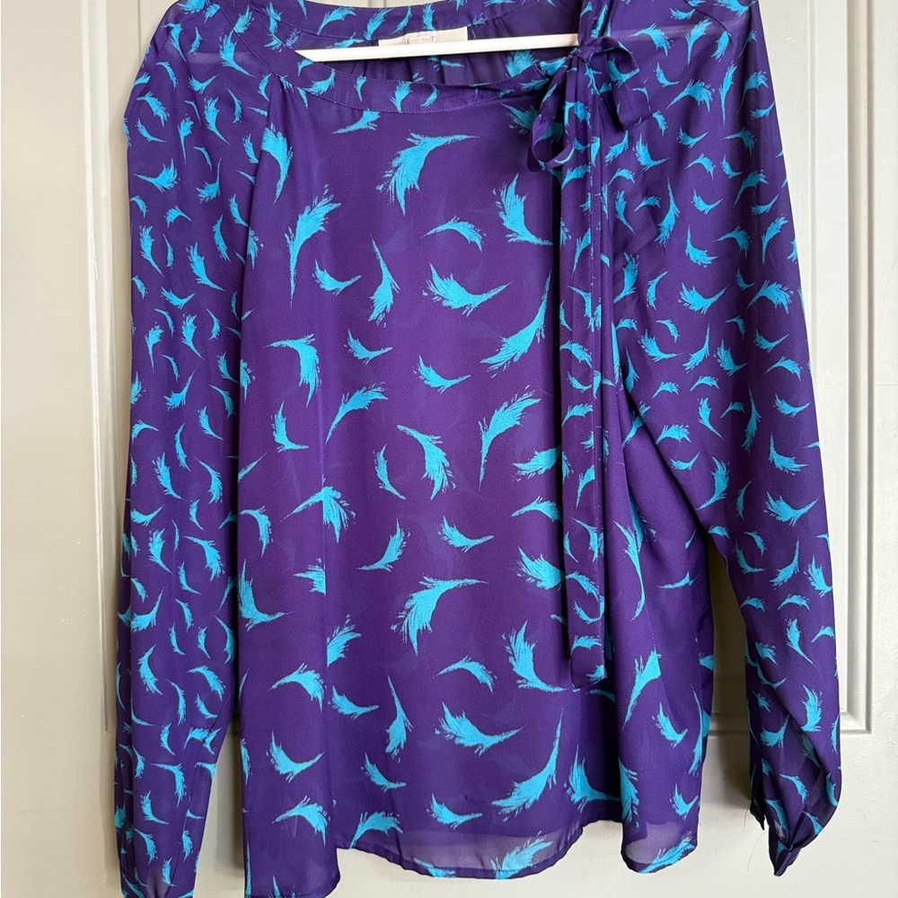 LOFT Purple Blouse with Turquoise Feather Print